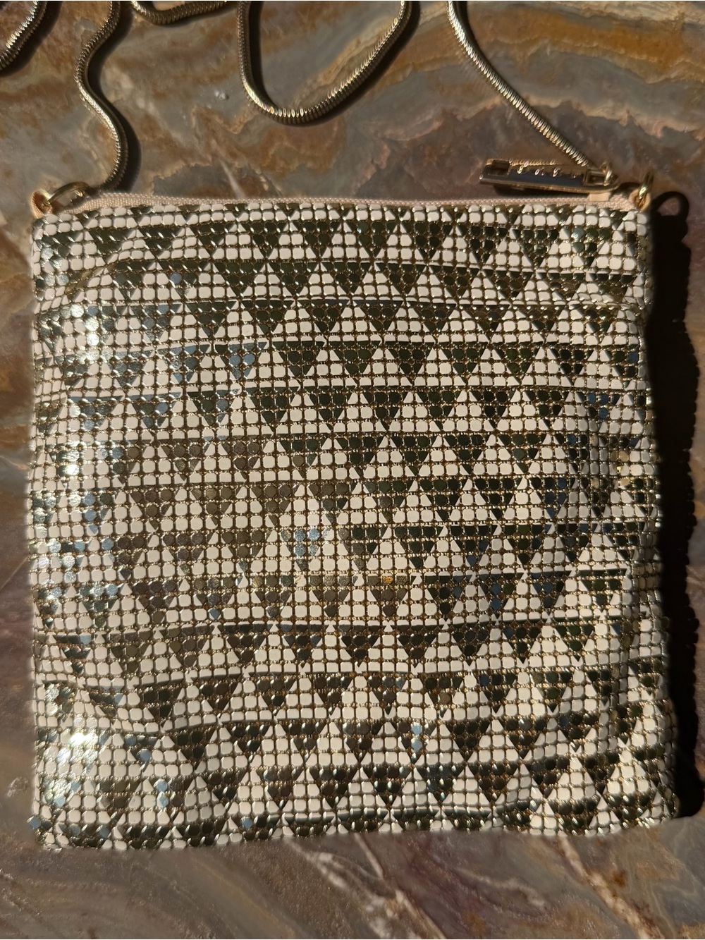 Whiting & Davis RARE Gold Chevron print Metal Mesh Crossbody purse